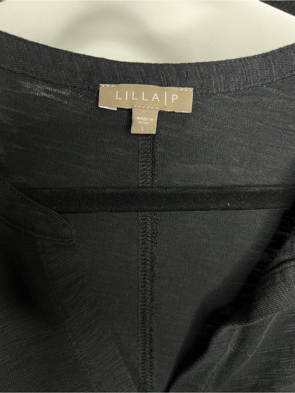 Lilla P V-Neck Tee Shirt Women Large Black 100% Cotton Rolled Cuff Casual Basic - Picture 4 of 6